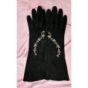 Gloves Grey/black Suede Kidskin Gauntlet Floral Embroidered SMALL Vtg
